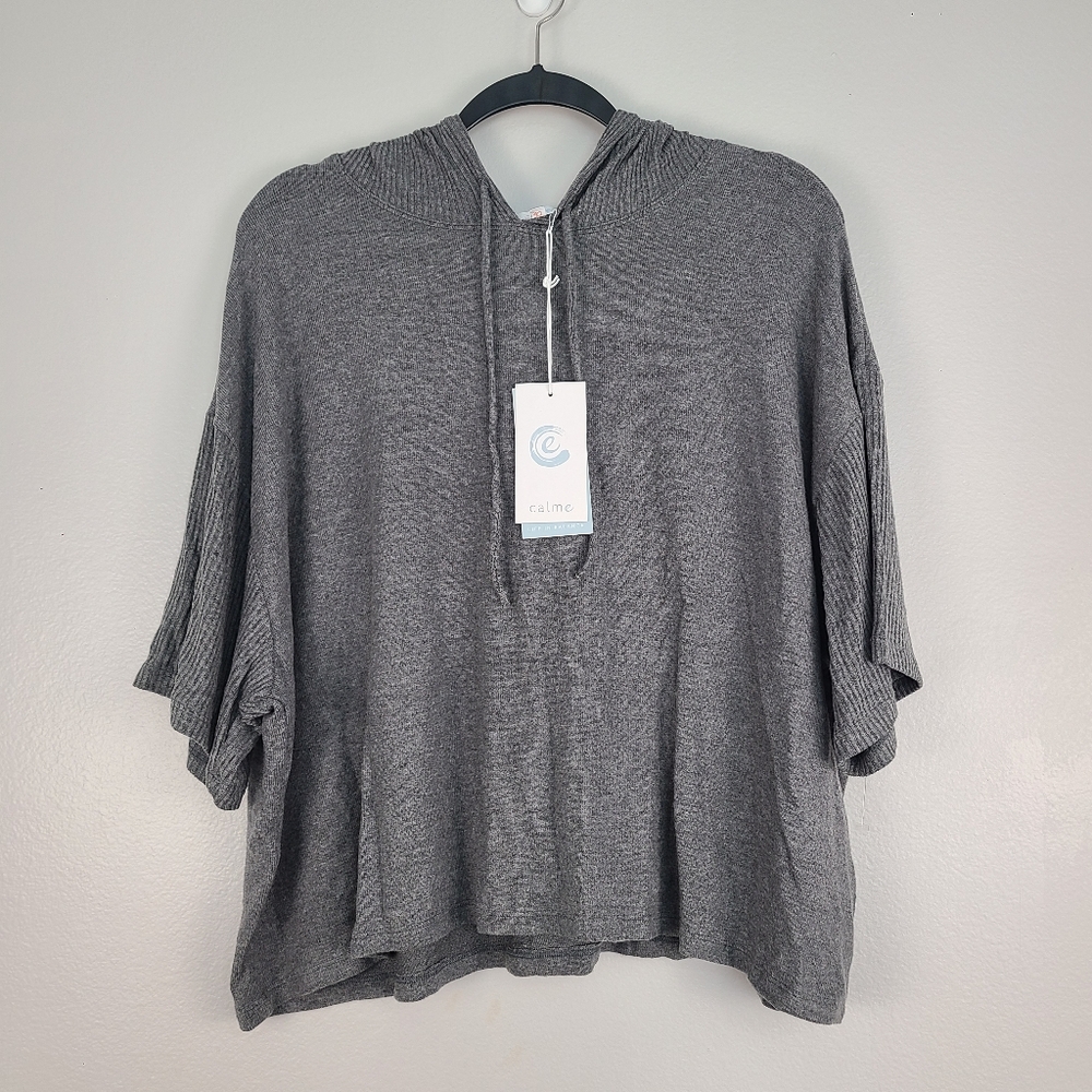 Johnny Was Calme Gray Hooded Cozy Short Sleeve Tee Minimalist Athlesiure NWT XL